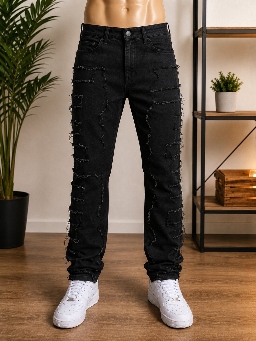 Men's Black Distressed Skinny Jeans | Size S | Frayed Patchwork Denim | Streetwe